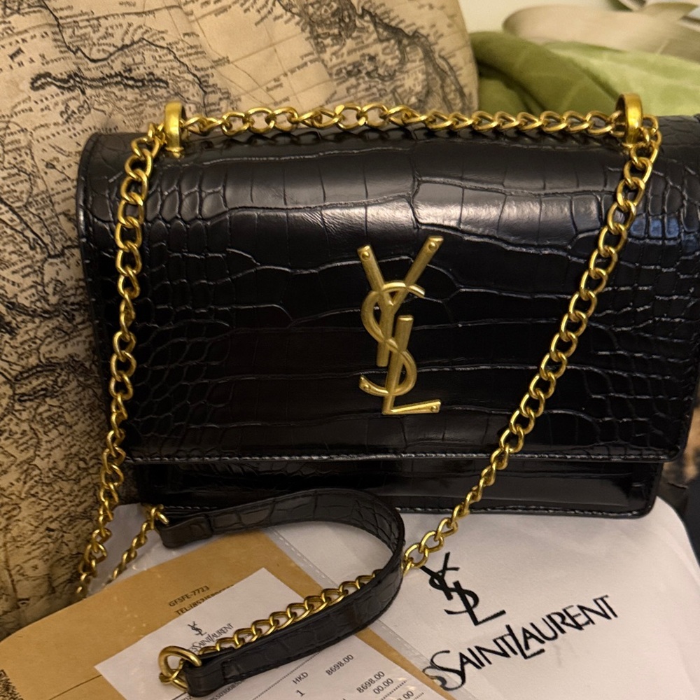 Saint Laurent Black Croc-Embossed Crossbody Bag with Gold Chain